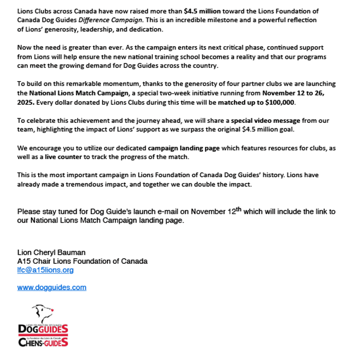 LCIF National Lions MAtch Campaign - Nov 12, 2025